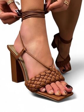 EGO Brown Braided Strappy Block Heels